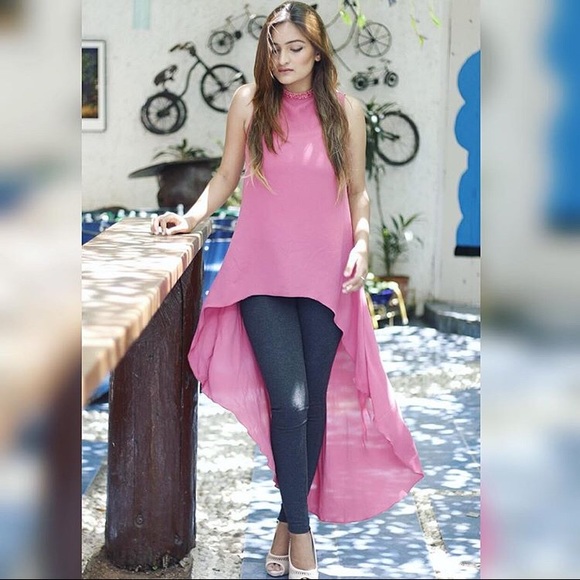 Pink studded neck high-low hem maxi top - Picture 2 of 3